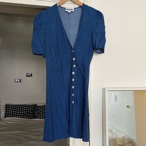 NWOT Rouje Gabinette mini wrap dress in blue dot print, size FR 36 / US 4